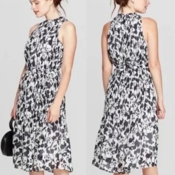 a new day Dresses & Skirts - A New Day White Navy Floral Pleated Sleeveless Belted Dress NWT XL!